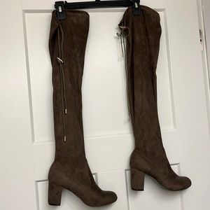 Knee High faux suede boots. Taupe colored. Size 8.